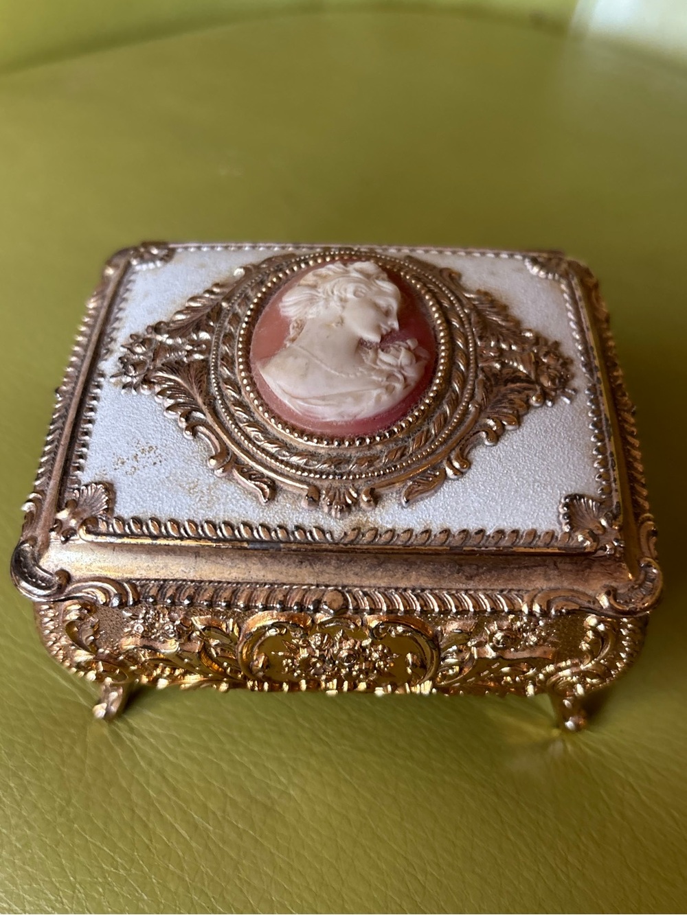 Vintage Japan Cameo Jewelry Trinket Box Gold Tone Footed Casket